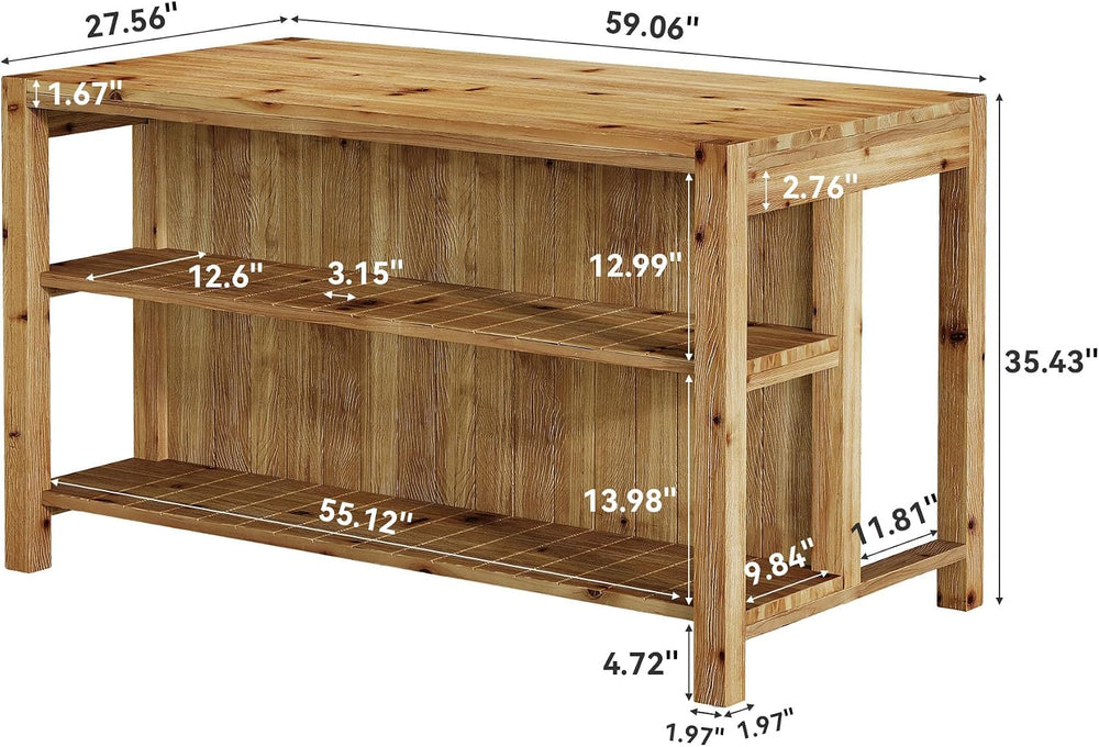 59" Solid Wood Kitchen Island with Open Storage Shelves