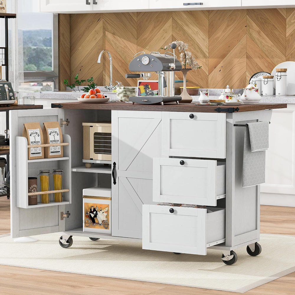 54.5" Farmhouse Kitchen Island with Power Outlet, White