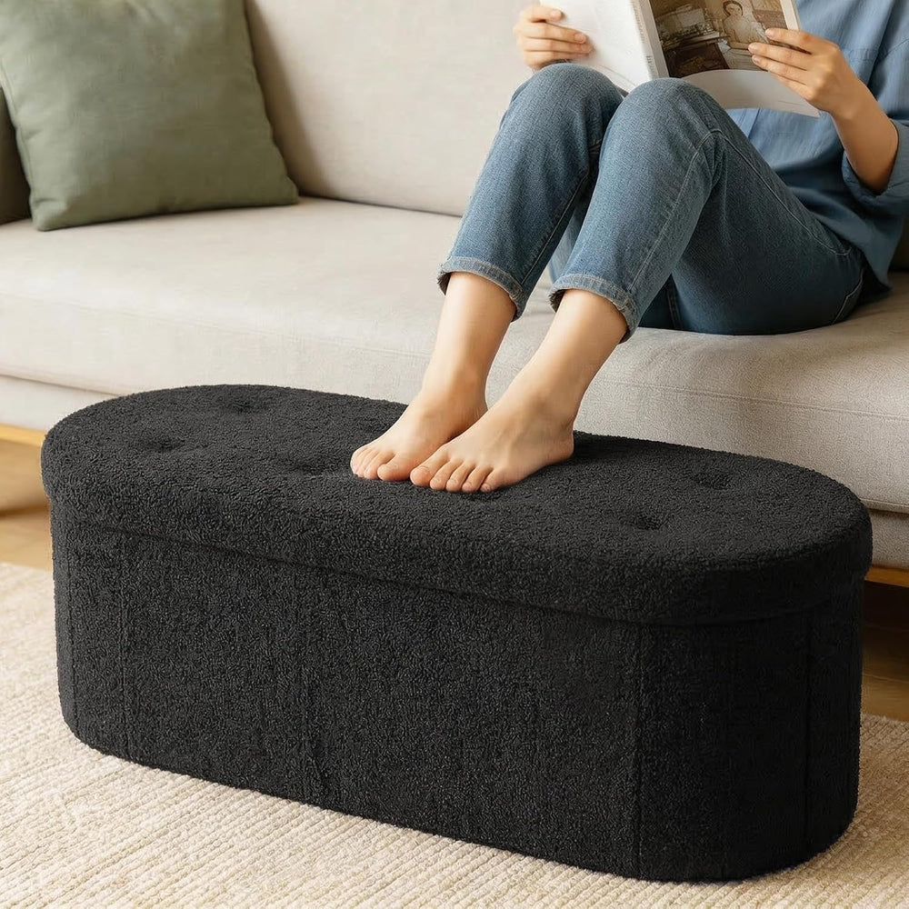 DUMOS 43" Oval Storage Ottoman Bench End of Bed, Black Teddy Fabric