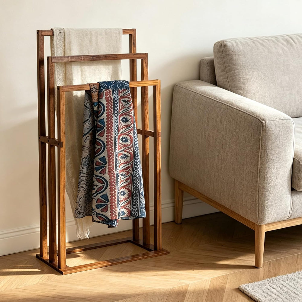 Utoplike Teak Standing Towel Rack for Bathroom, Freestanding Holder 3 Bars