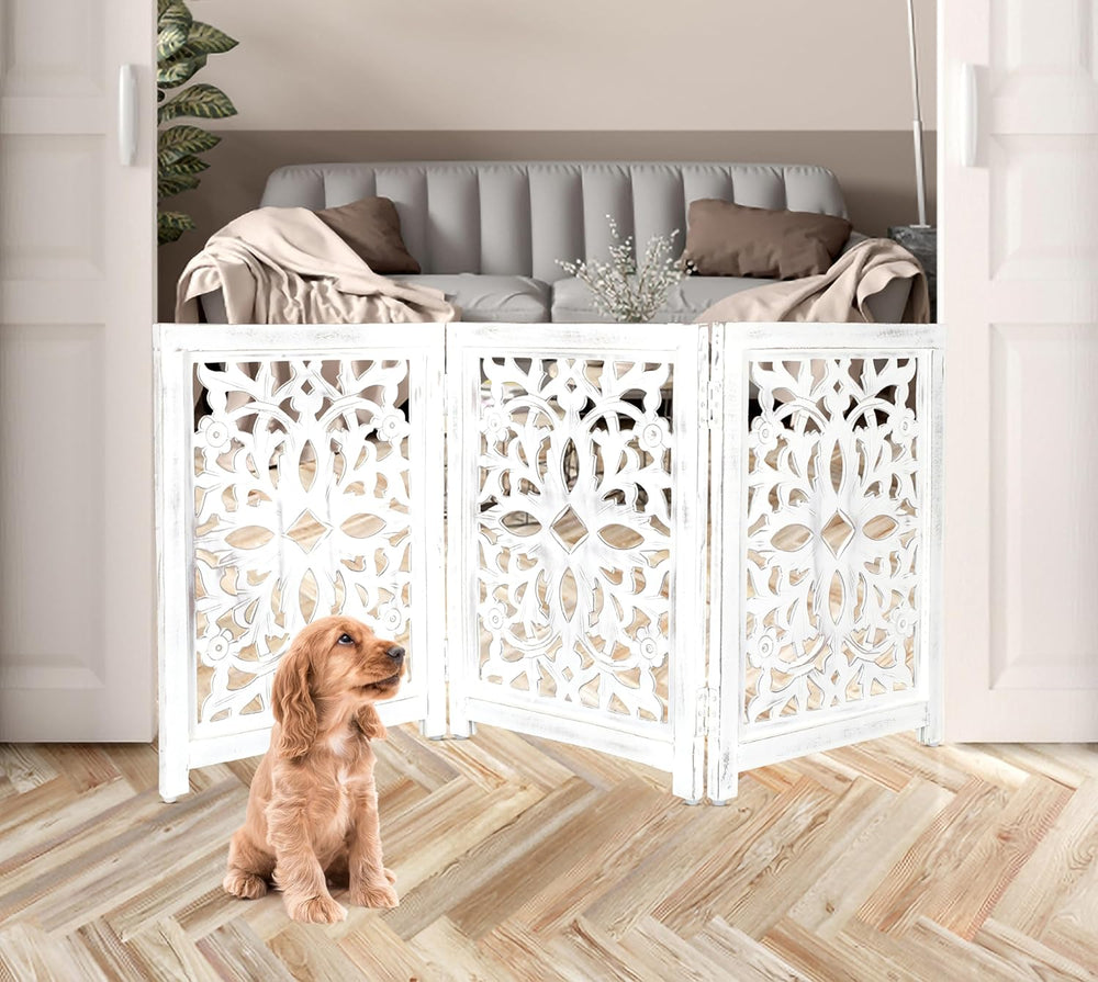 Lightnpro Wooden Pet Gate – Decorative Carved Foldable Dog Fence, Extra-Wide ...