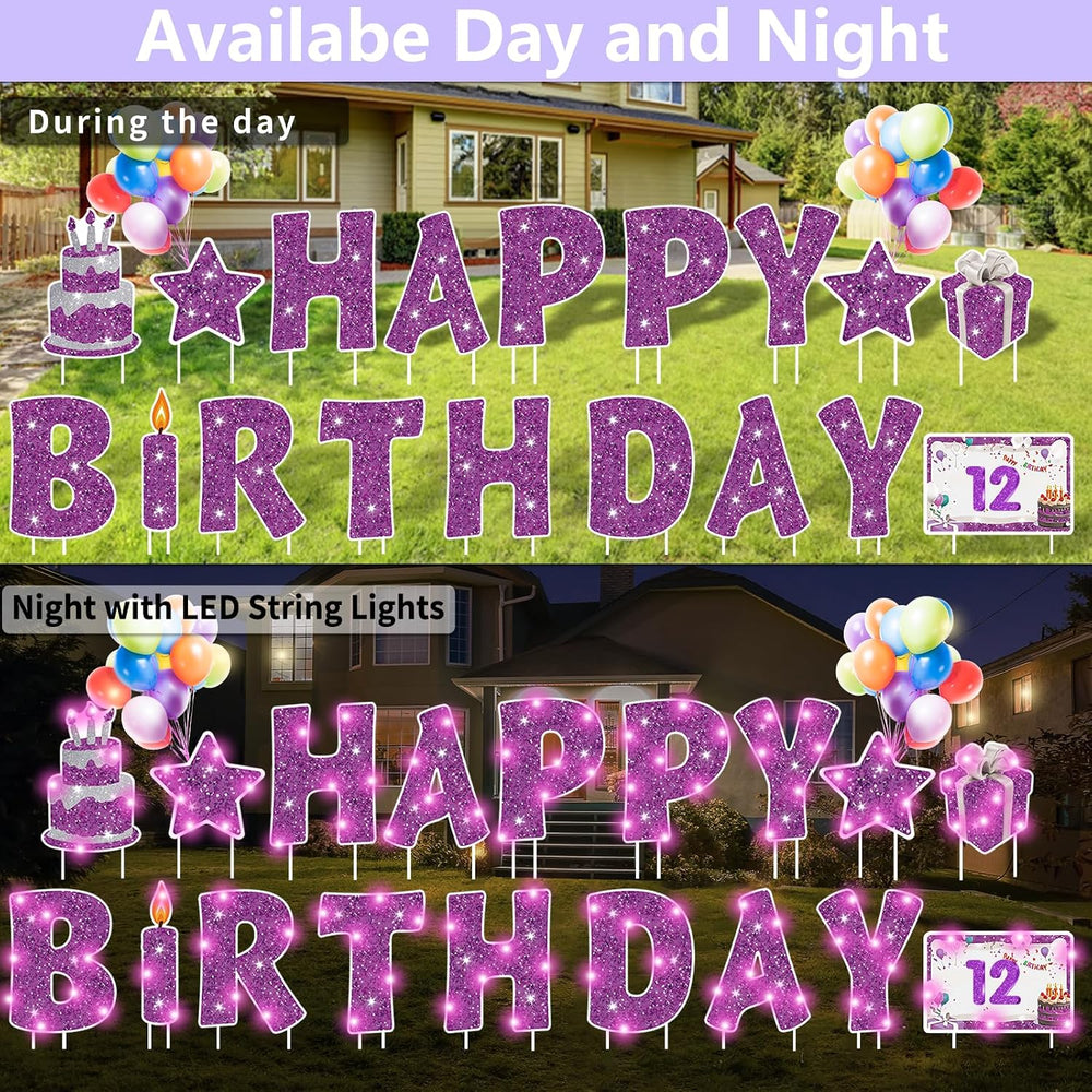 18Pcs Happy Birthday Yard Sign with Stakes,Led Light,16" Lawn Decor