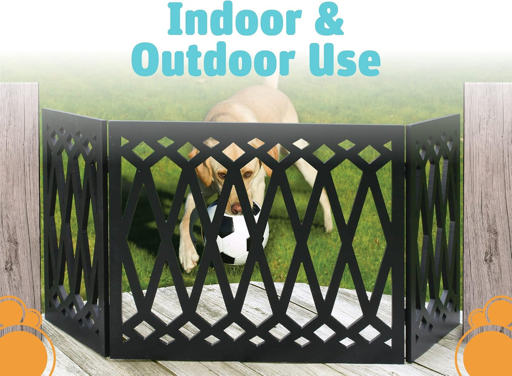 Etna 3-Panel Diamond Design Wood Pet Gate - Decorative Black Tri Fold Dog Fen...