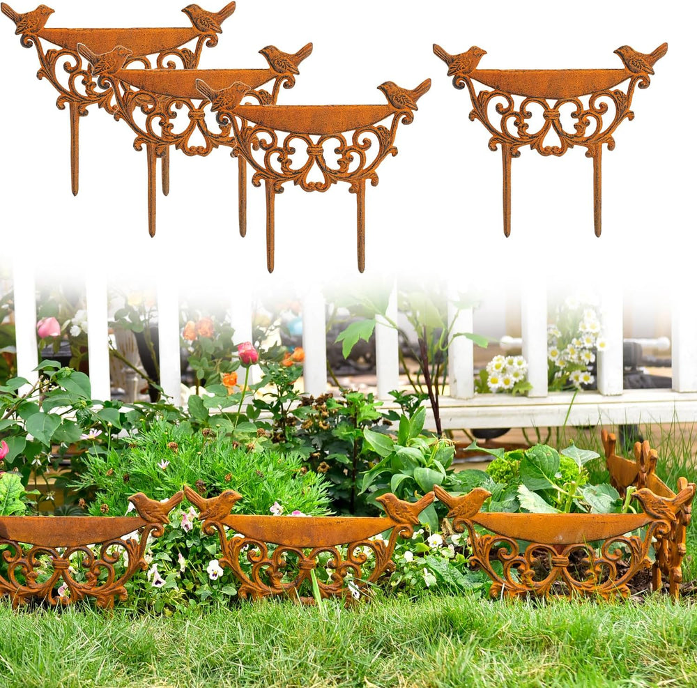 Sungmor Cast Iron Garden Edging 9.9" Tall 4 Pack Rustic Bird Design Fence