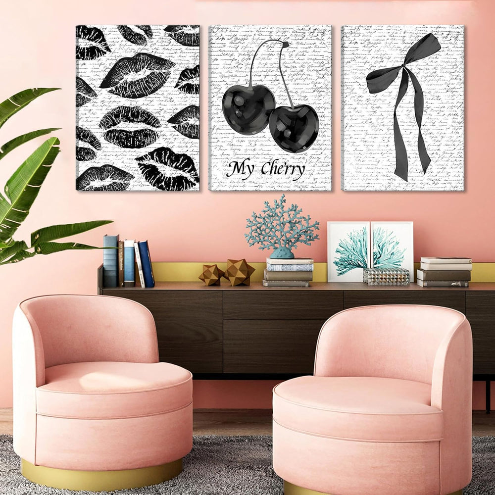 Black And White Canvas Wall Art Set of 3, Fashion Black White Lips And Cherry...