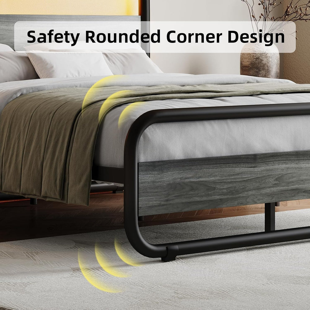 Catrimown Twin Size Bed Frame with Headboard and LED Lights, Grey