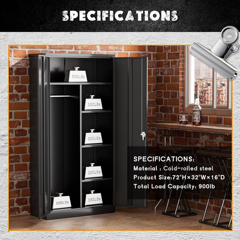 Greenvelly Metal Storage Wardrobe with 2 Doors, Black 72” Steel Storage Wardr...