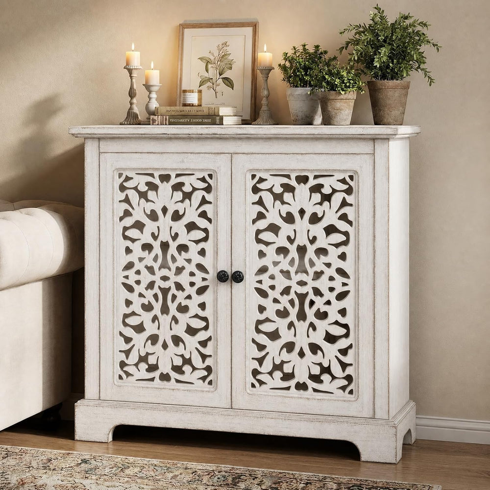 31.5" White Accent Cabinet with Carved 2-Door Storage