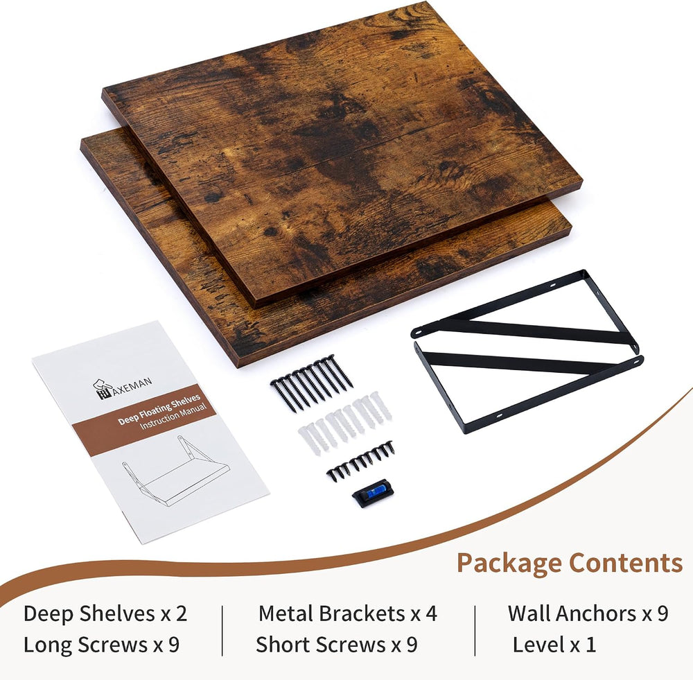 Axeman Deep Floating Shelves for Wall, 16W x 12D Rustic Wood Wall Shelves Set...