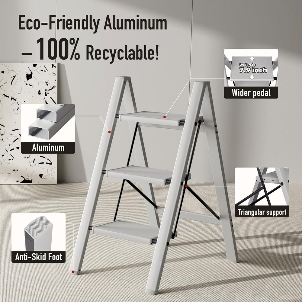 Mayi Plus 3 Step Stool Foldable, Aluminum, Lightweight Step Ladder