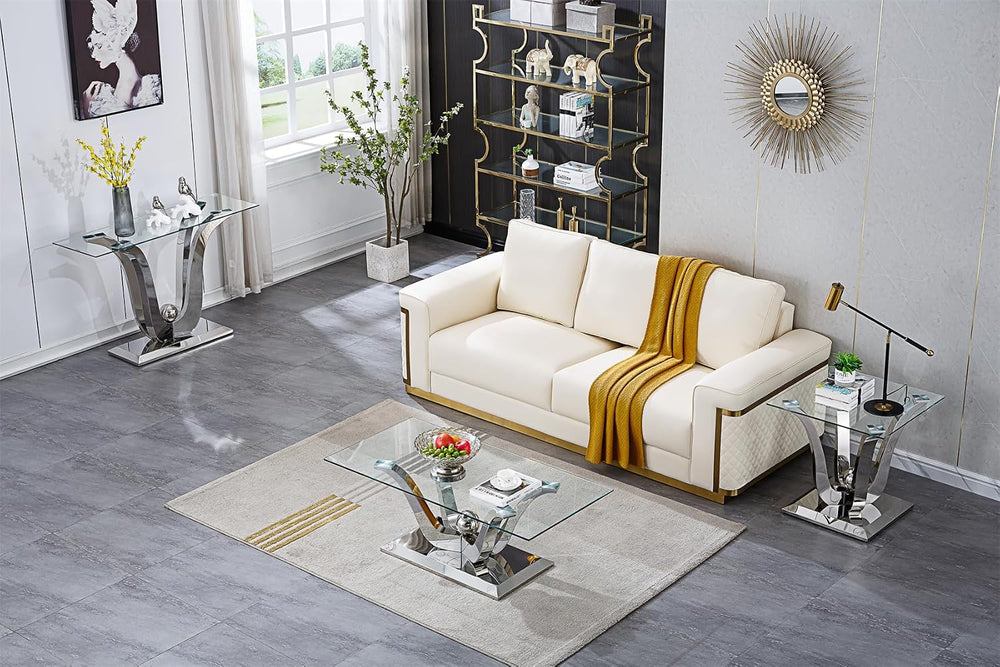 Luxury Glass Coffee Table Set of 3 Piece Silver Living Room Table Set of 3 In...