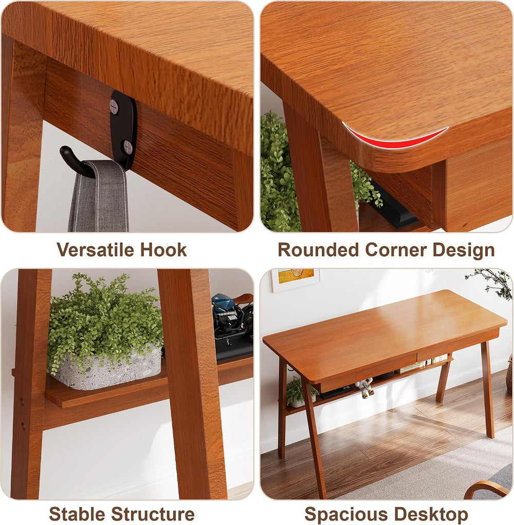 Solid Wood Desk with Drawers - 39.4 Inch Mid Century Modern Desks with Storag...