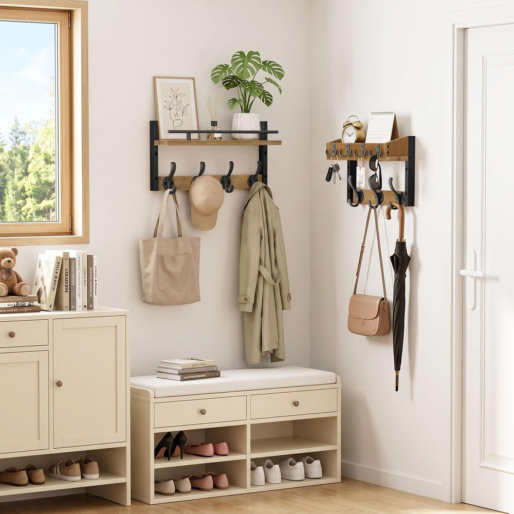 29” Coat Rack Wall Mount with Shelf, Coat and Key Hanger with Metal Hooks