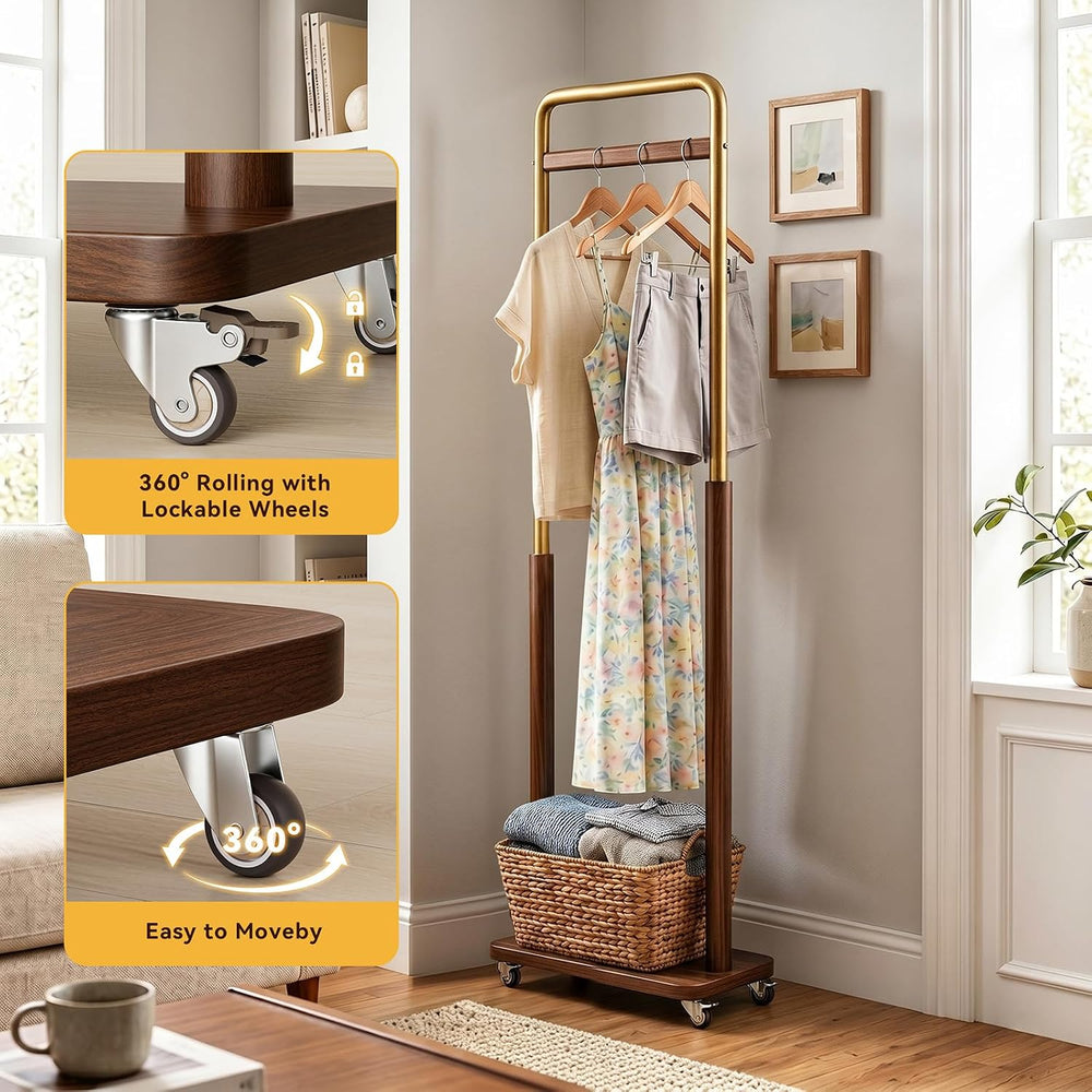 Taitiy Solid Wood Coat Rack with Wheels, Freestanding for Entryway