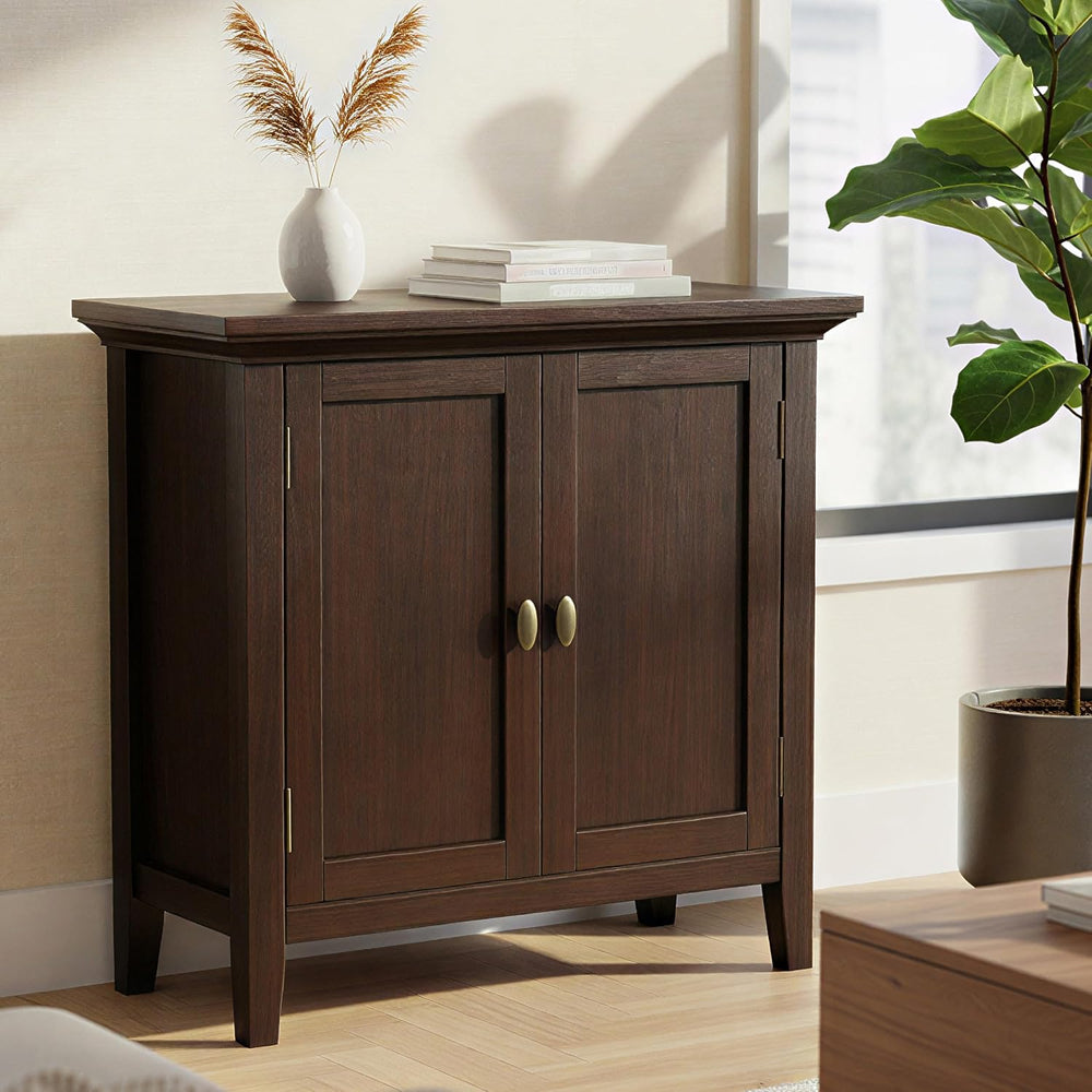 SIMPLIHOME Redmond 32" Wide Solid Wood Cabinet in Brunette Brown
