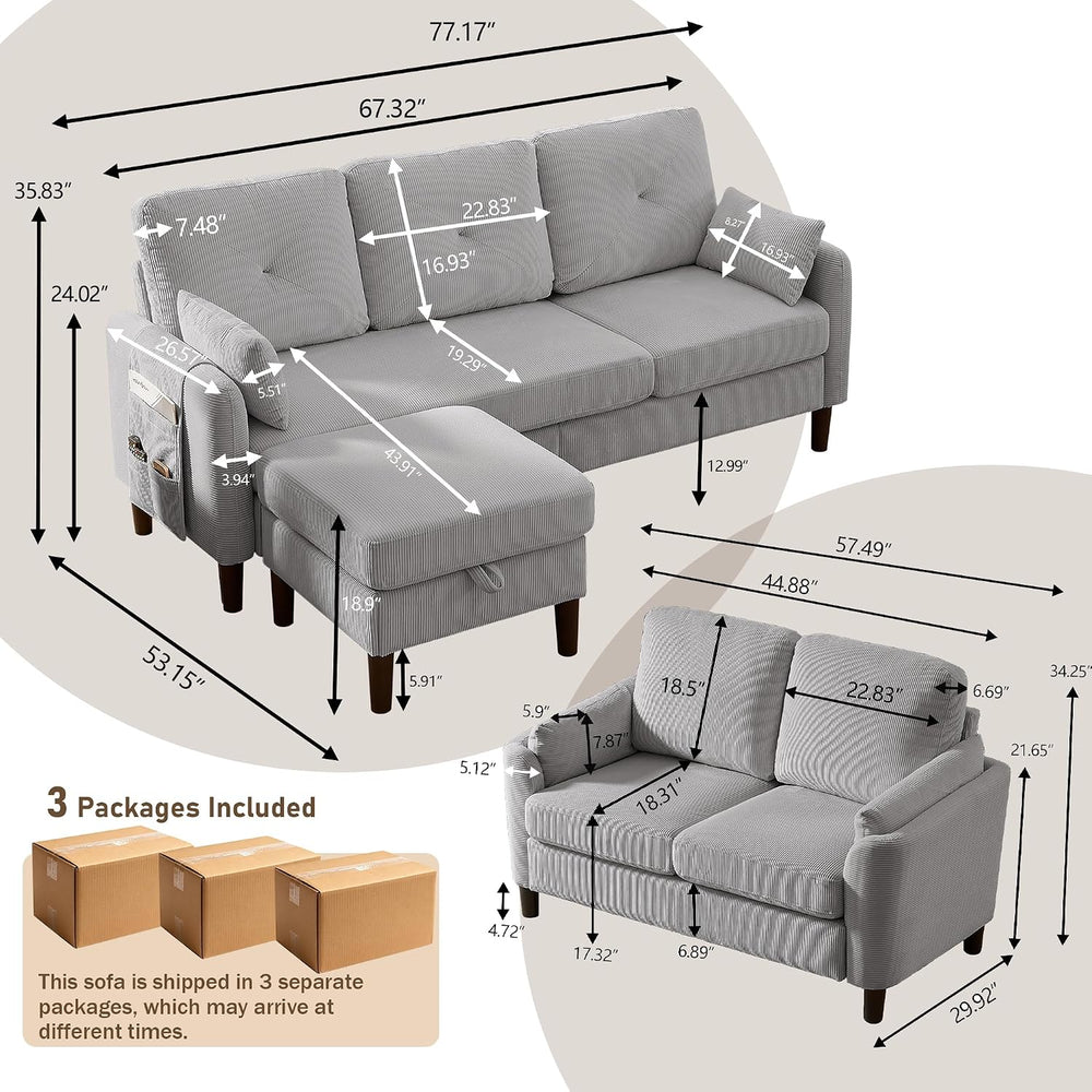 3 Piece Sectional Sofa Set , 3 Seat Couch & Loveseat & Ottoman, Light...