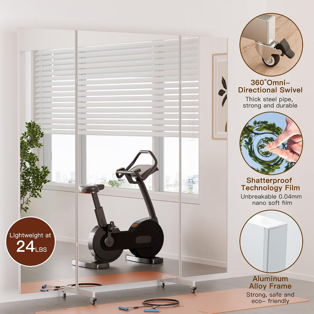 brisafe Tri-Fold Full Length NanoMirror with Wheels, 71 x 71 in, White