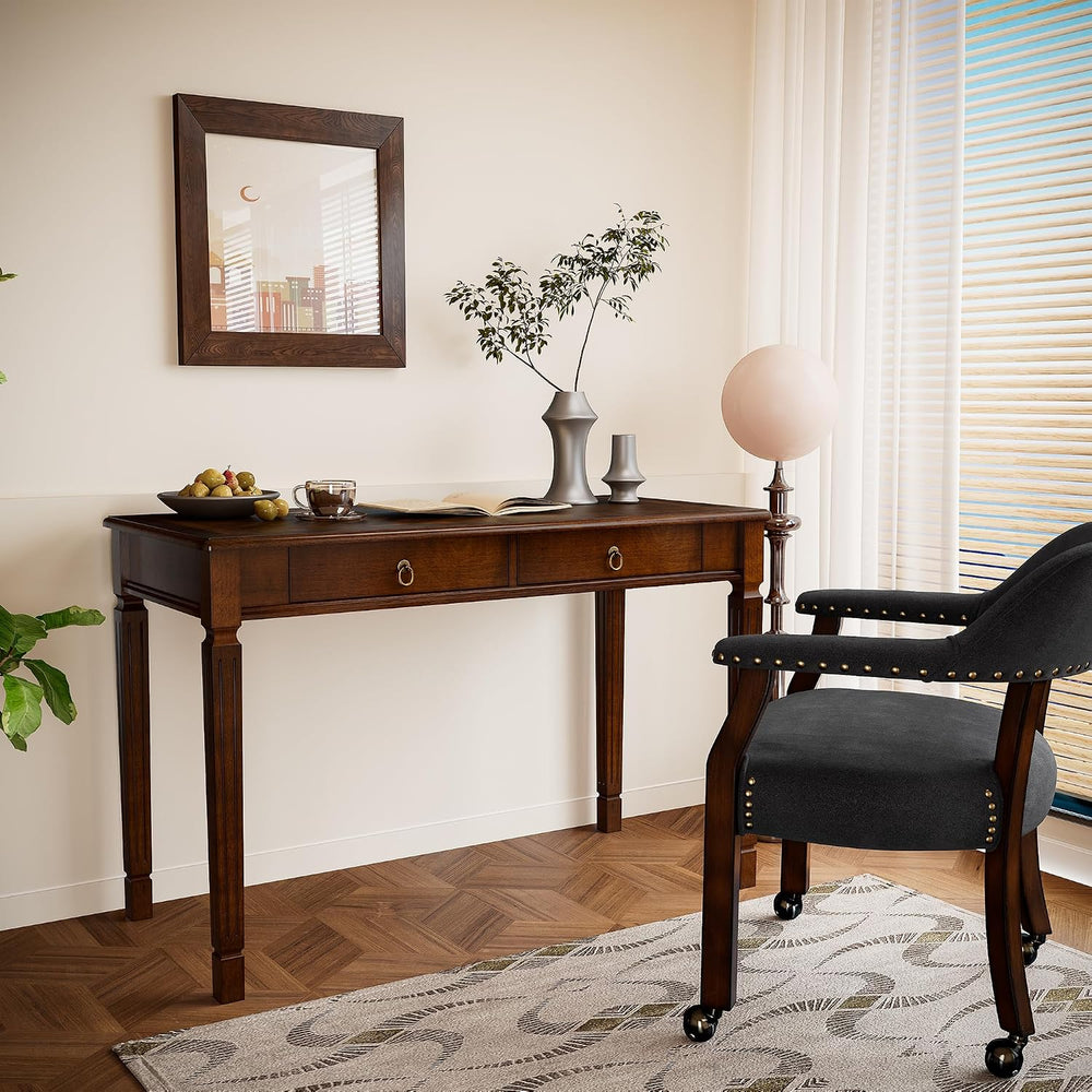 Solid Wood Writing Desk with 2 Drawers, 46"W Large Secretary Table