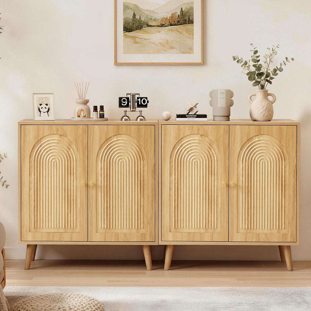 31.5" Accent Cabinet Set of 2, Arched Fluted Storage Cabinet (Natural)
