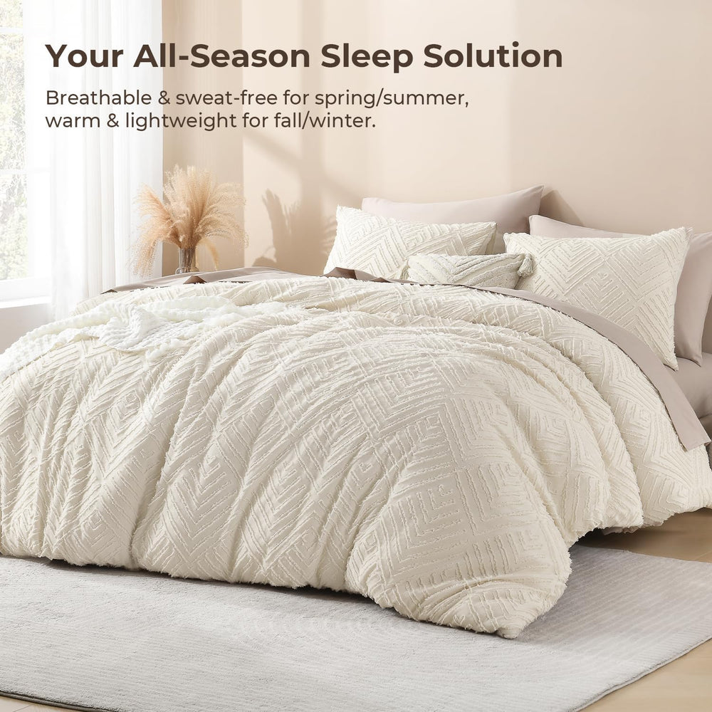 Litanika California King Comforter Set, 3 Pcs Beige Tufted Boho Bedding Set
