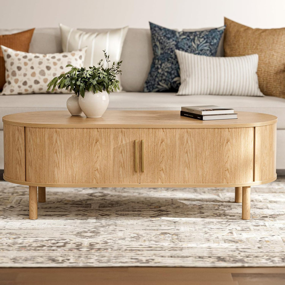 ZttRiee Oval Coffee Table with Sliding Doors, Modern, Natural