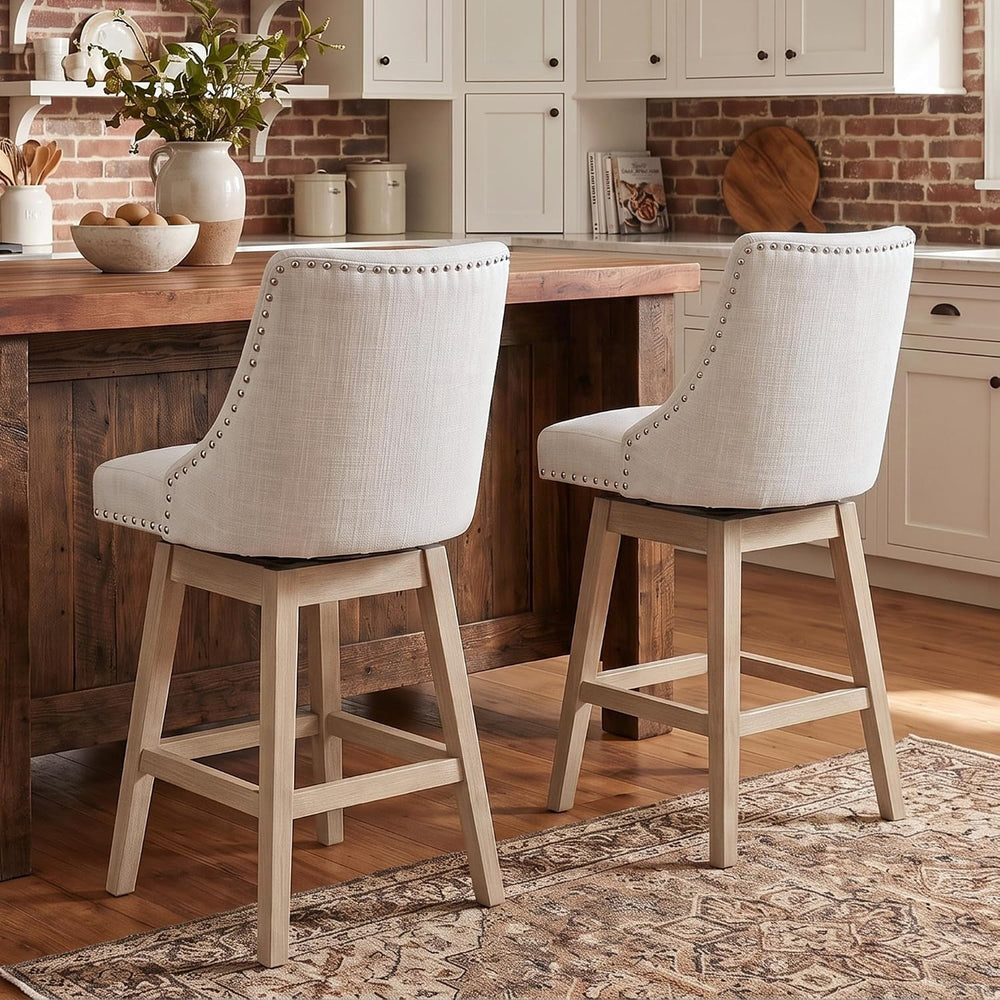 27.5" Bar Stools Set of 2, Linen Fabric Mid Century Modern Swivel Counte...