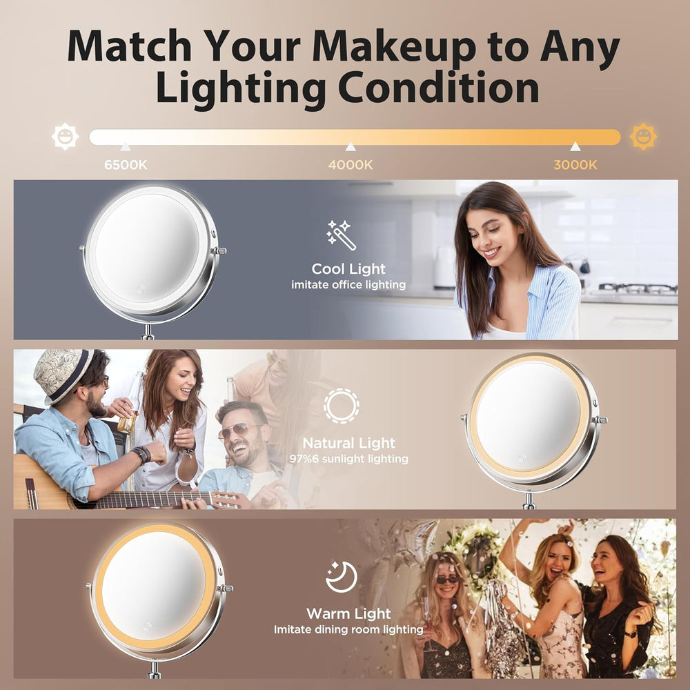 Double-Sided Makeup Mirror with Light, 1X/30X, 3 Colors, 3200mAh