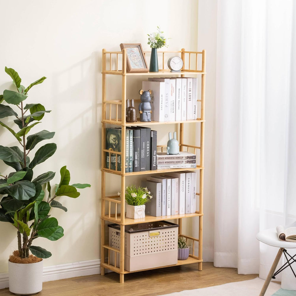 5‑Tier Expandable Bamboo Open Bookcase,Wooden Bookshelf,Natural