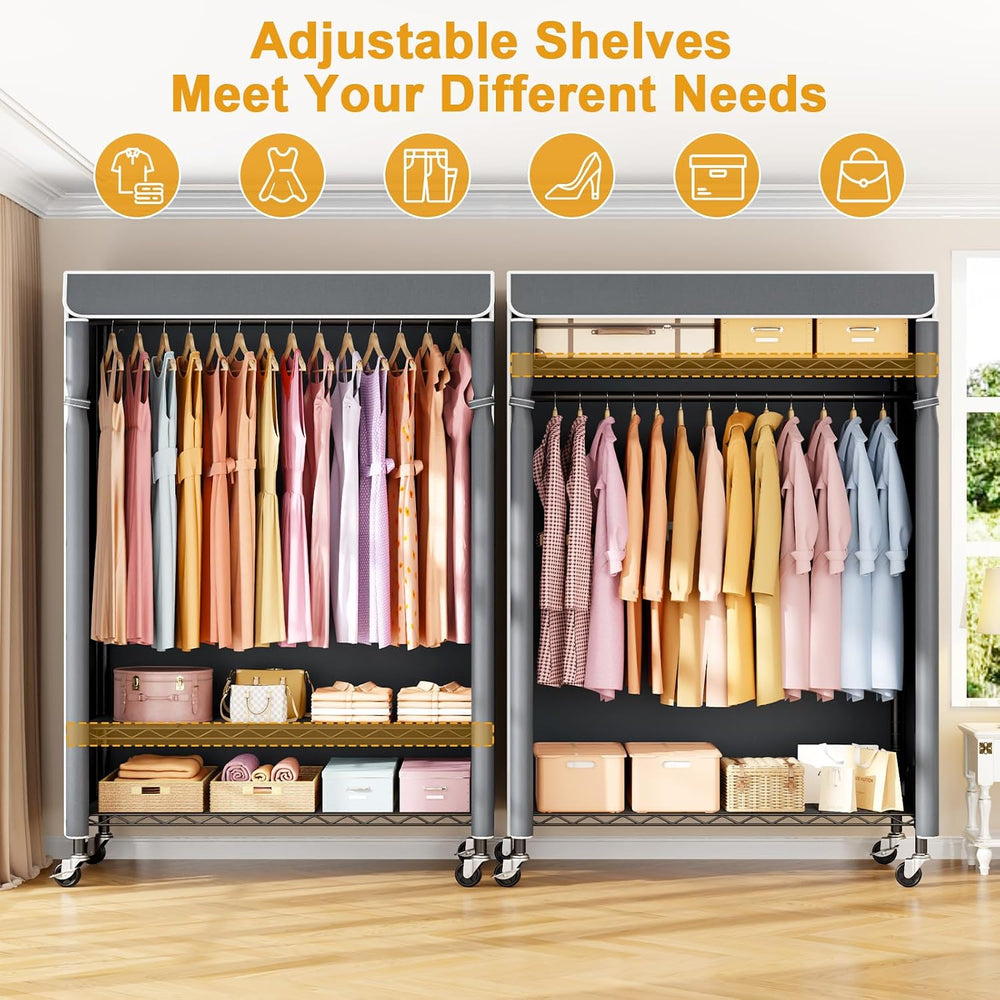 ULIFHOME P6C Plus Rolling Clothes Rack with Cover, Covered Clothing Rack