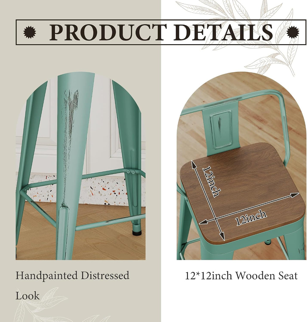 Andeworld Bar Stools Set of 4, 24" Distressed Barstools, Green Blue