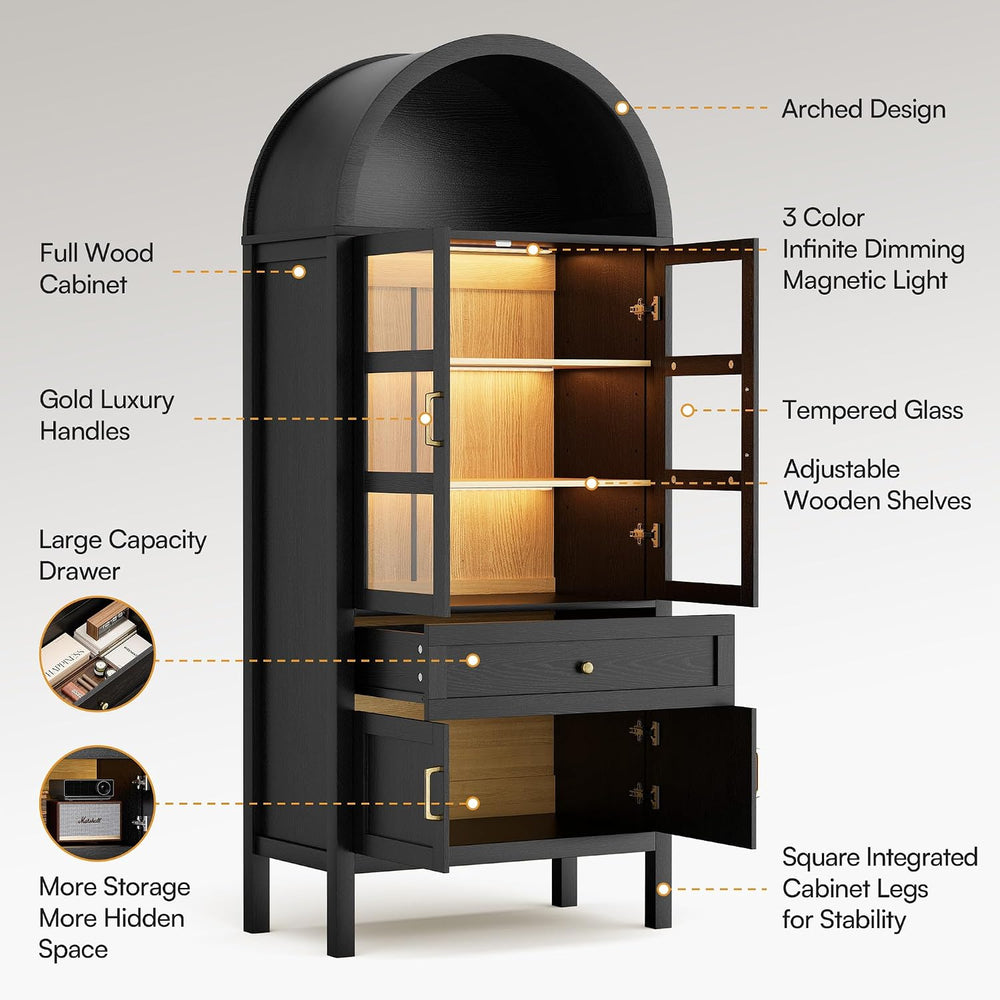 71" Tall Arched Storage Cabinet with Motion Sensor Lights, Farmhouse Fre...