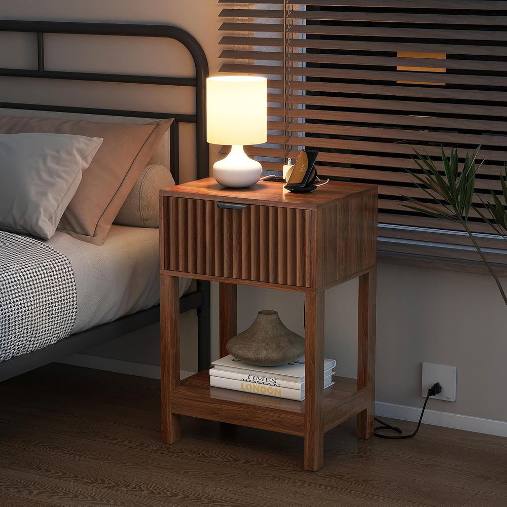 Nasonet Night Stand Set 2, Fluted Nightstand with Charging Station, Wood Beds...