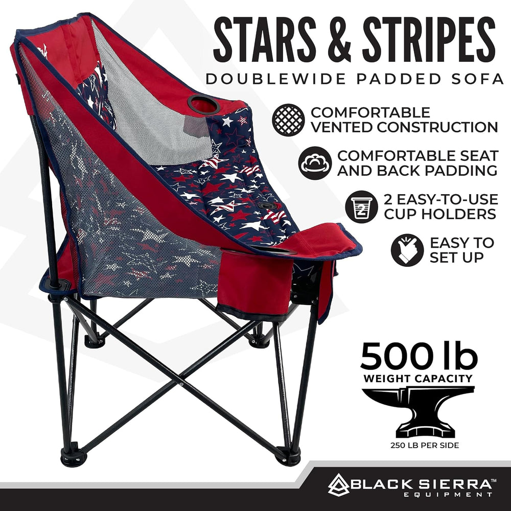Black Sierra Double Camping Chair Loveseat, Oversized Padded, 600 lb