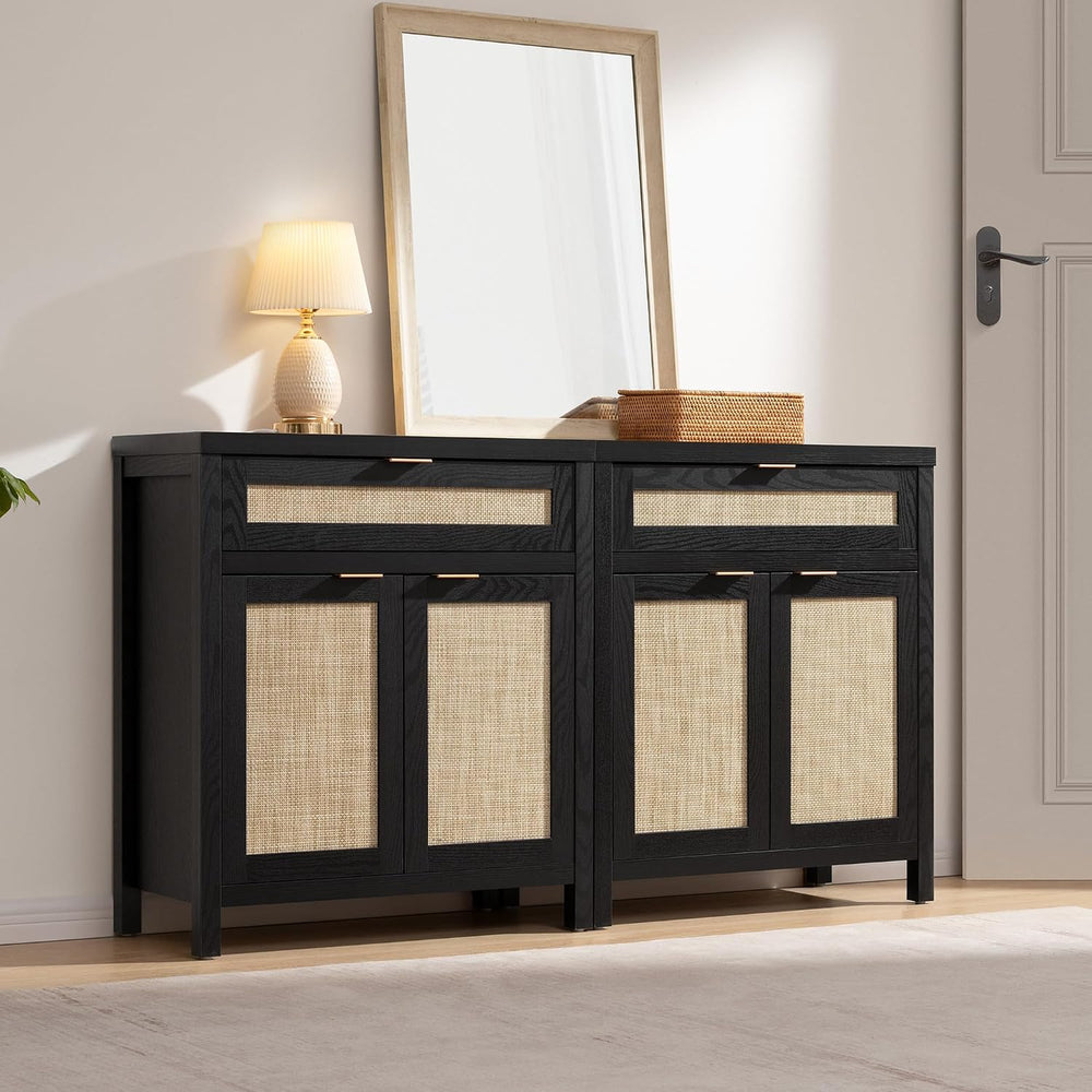 SICOTAS Sideboard Buffet Storage Cabinet, Rattan Accent Cabinet with Doors
