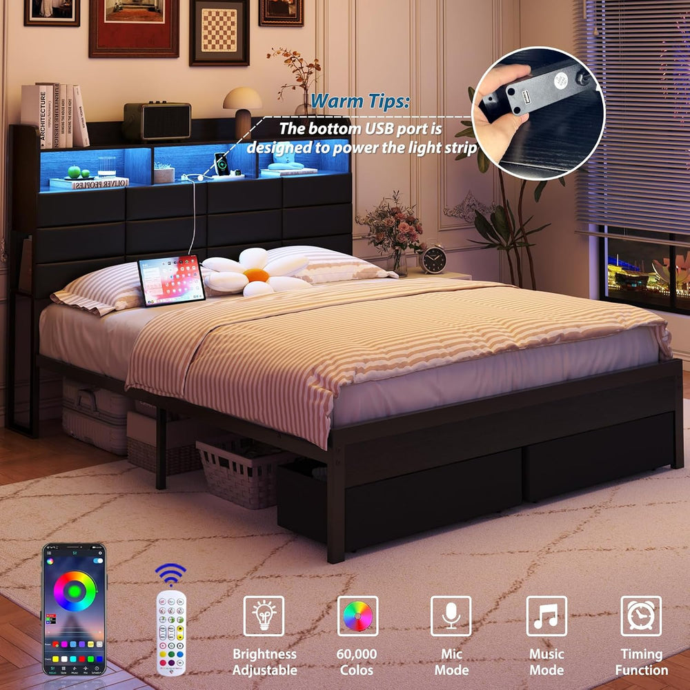 Full Bed Frame with Storage Headboard, Upholstered Black Bed Frame with 4 Dra...