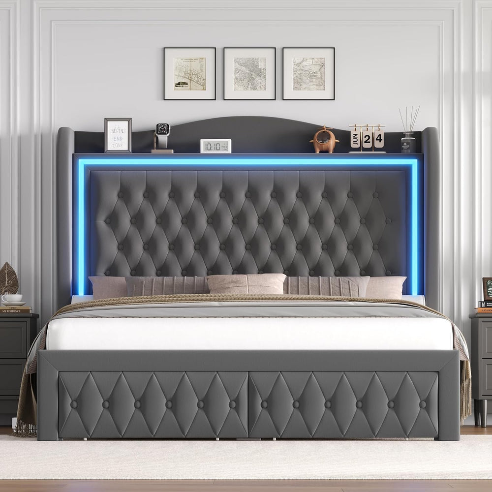 King Bed Frame 55" Tall Headboard with LED Lights, Buttons Tufted Velvet...