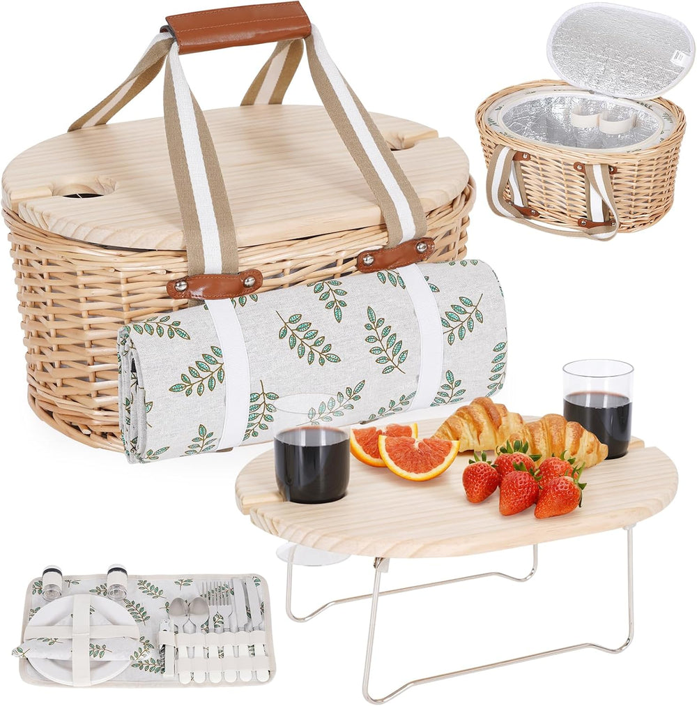 Picnic Basket Set for 2 - Wicker Insulated Picnic Basket