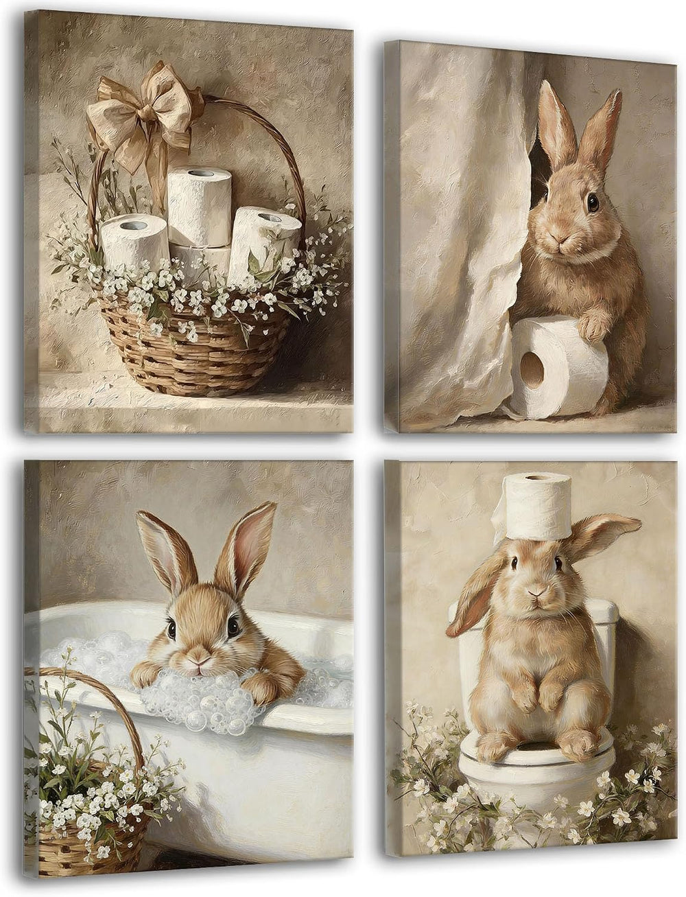 Frimeeme Framed Cute Bunny Bathroom Canvas Wall Art