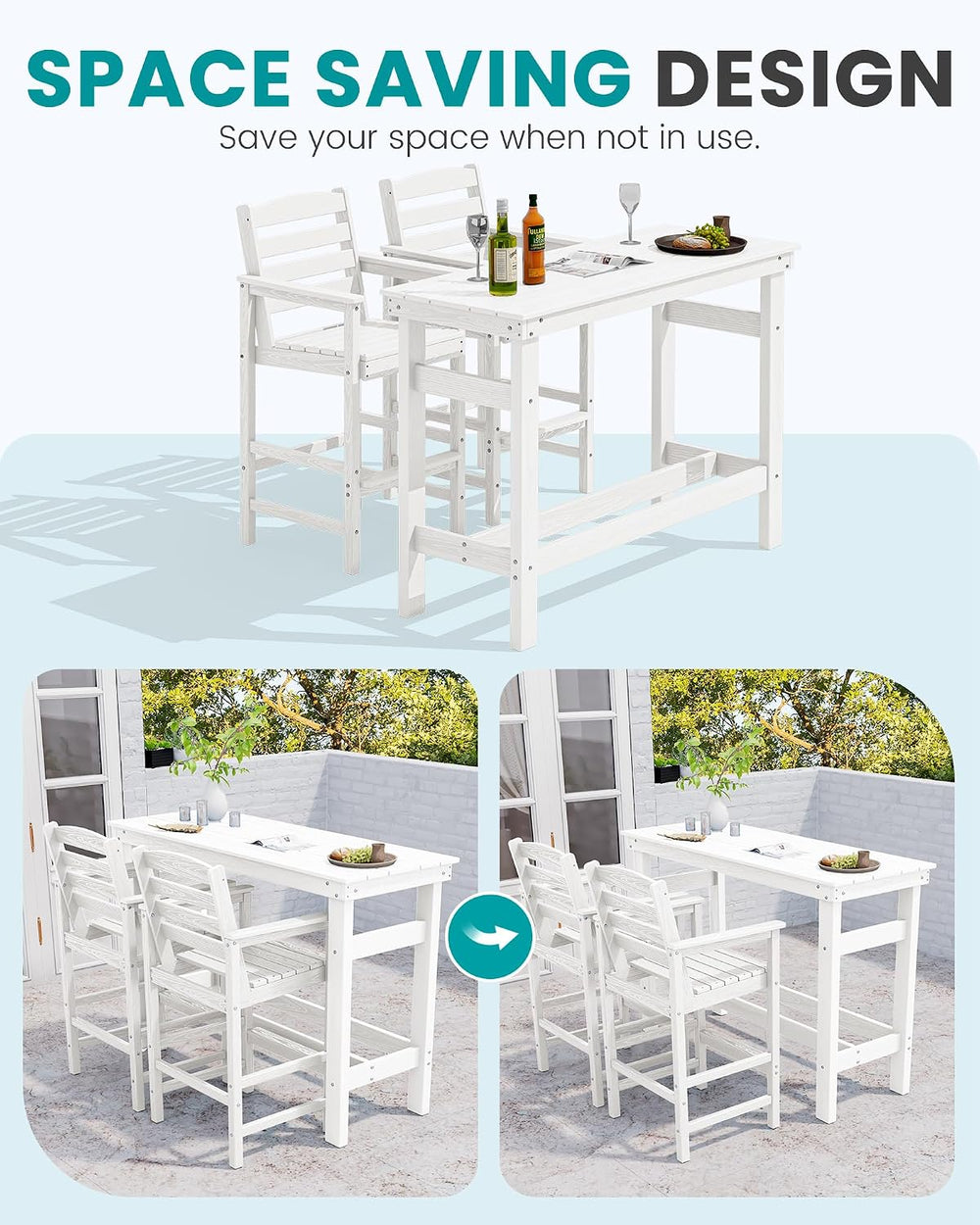 SERWALL Outdoor Bar Set, 4 Adirondack Bar Chairs & Bar Height Table, White