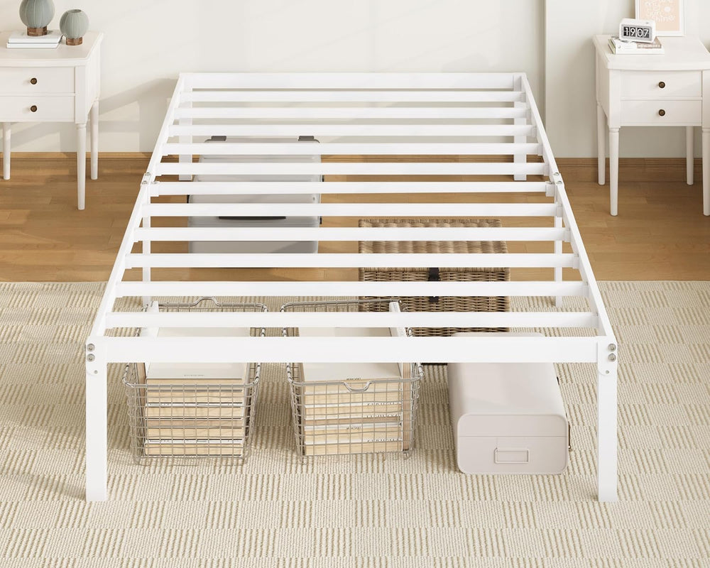 Allewie Twin XL Bed Frame, 14 inch Metal Beds with Storage Space, White