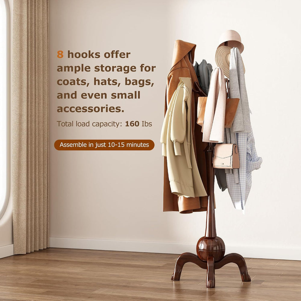 Wood Freestanding Coat Rack 8 Hooks Coat Tree Standing,Dark Walnut