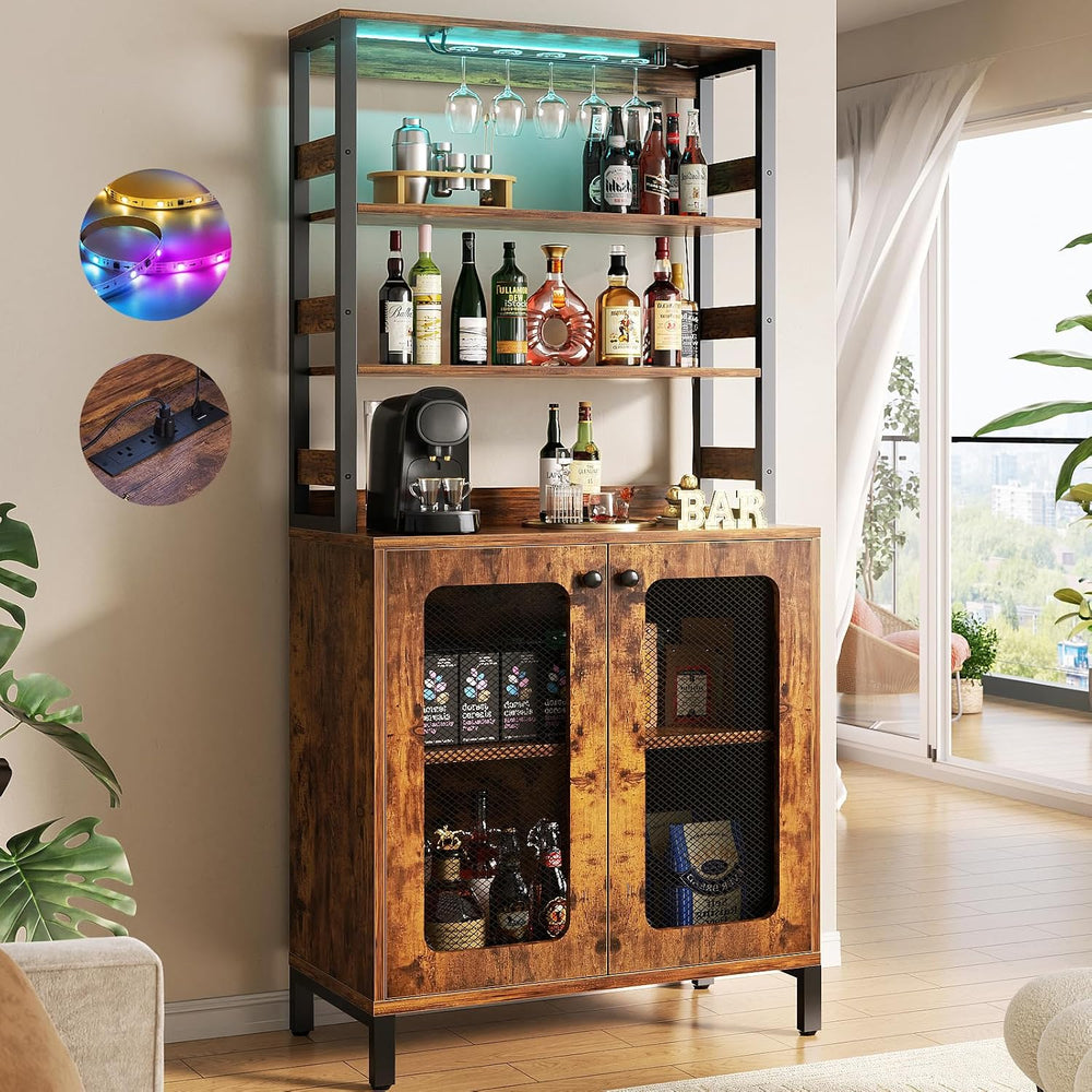 Aheaplus Bar Cabinet with Power Outlets, LED Lights, 67" Tall Wine Cabinet
