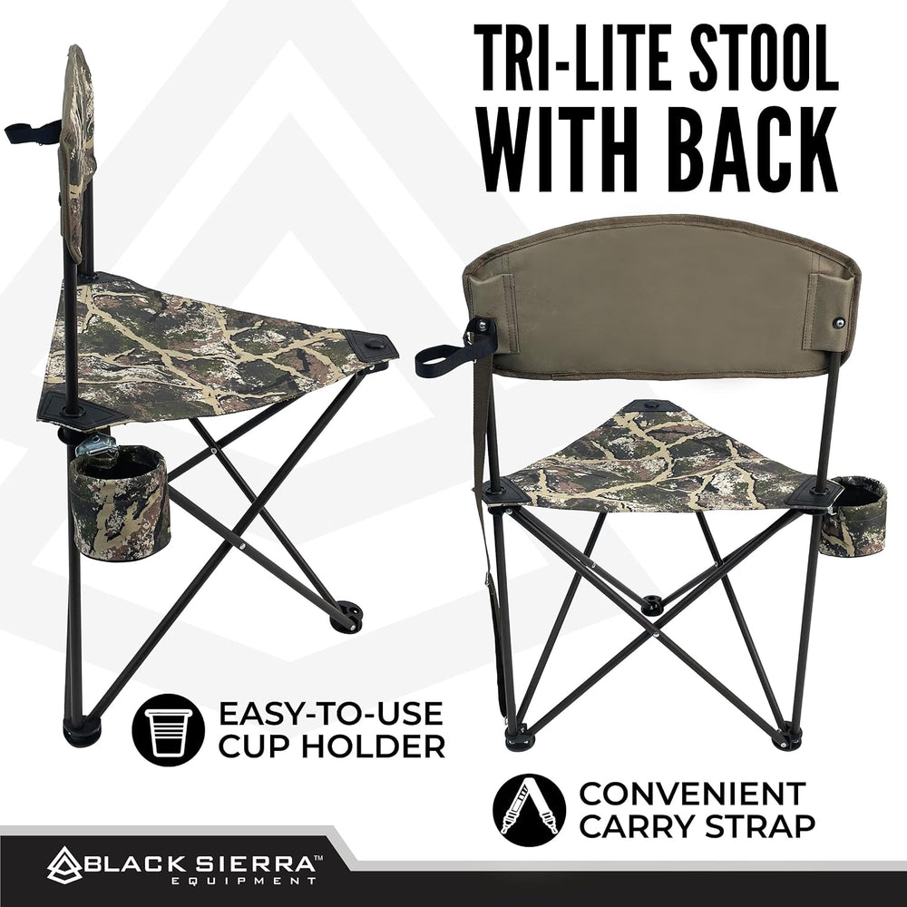 Black Sierra Folding Hunting Stool w Backrest & Cup Holder, 225 lb Capacity