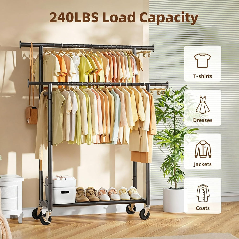 Simple Trending Clothes Rack, Double Rods Clothing Rack with Shelf, Black
