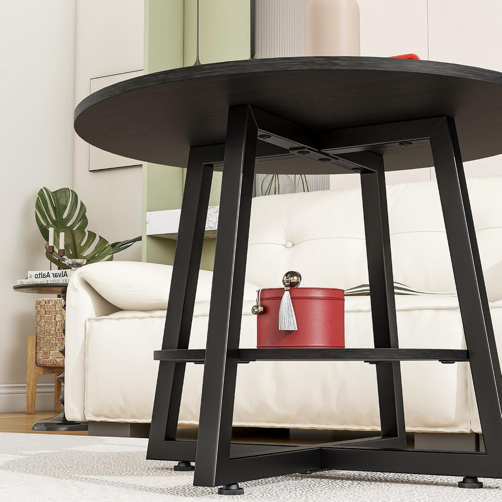 Round Coffee Table with Storage,Metal Small Coffee Table,Black