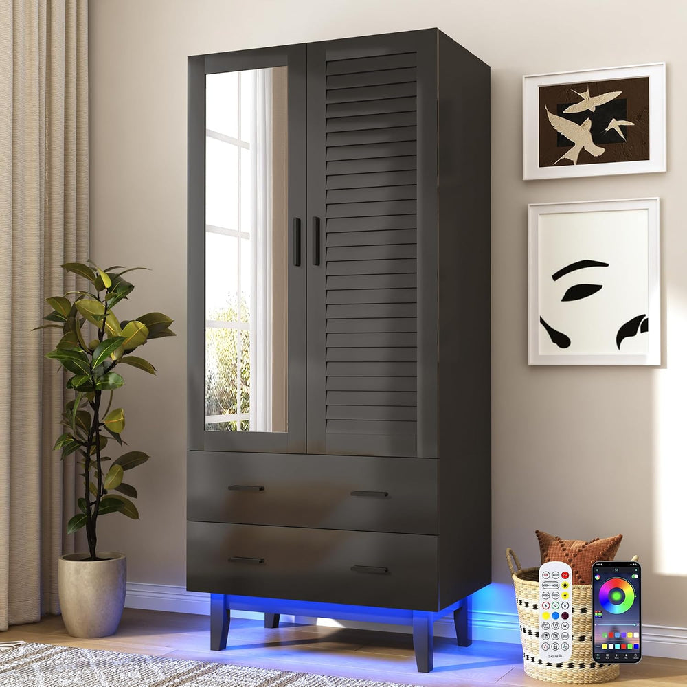 jiteentarou 2 Door Armoire Wardrobe Closet Cabinet with Drawers and LED Light...