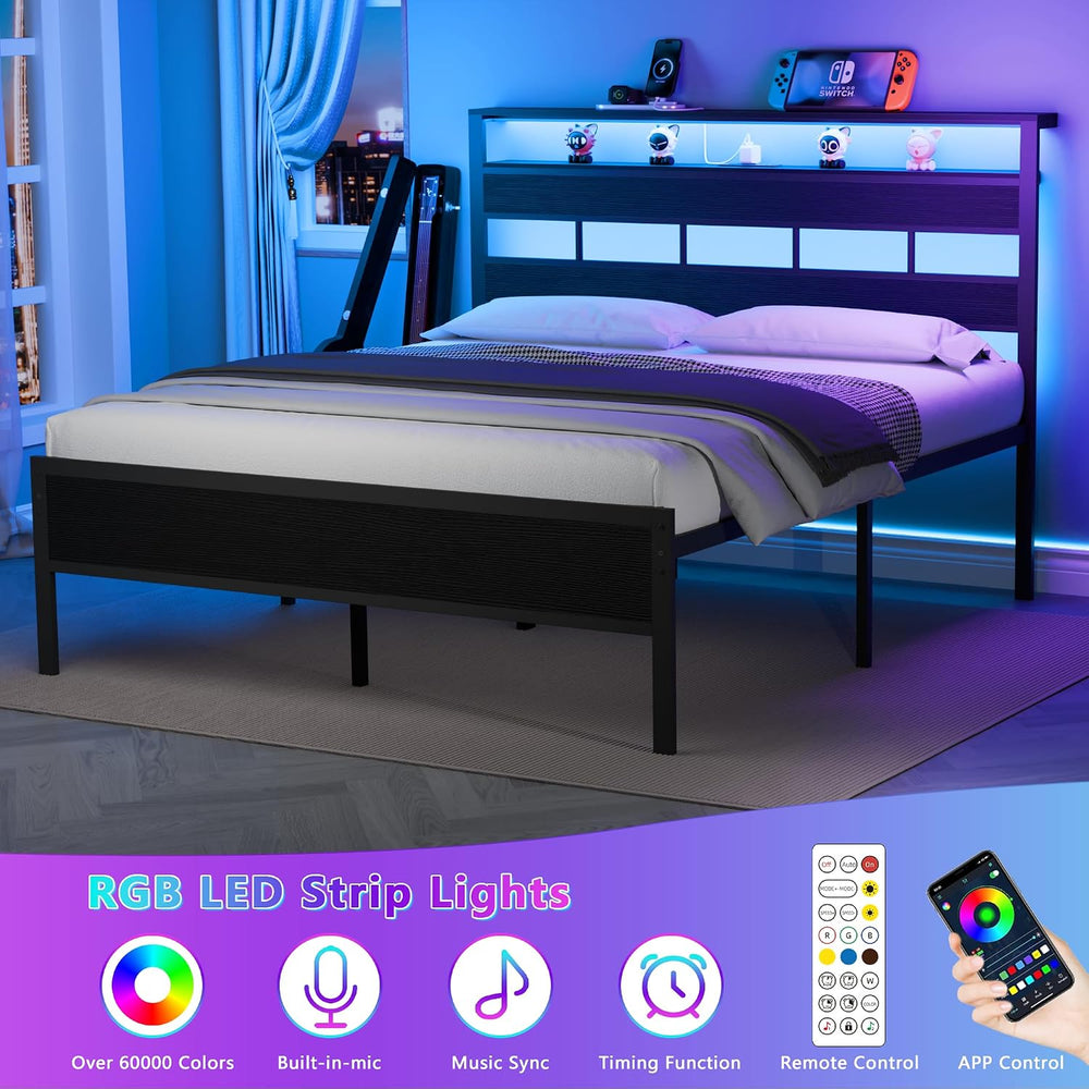Furnulem Queen Bed Frame with Storage Headboard and LED Lights, Black Oak