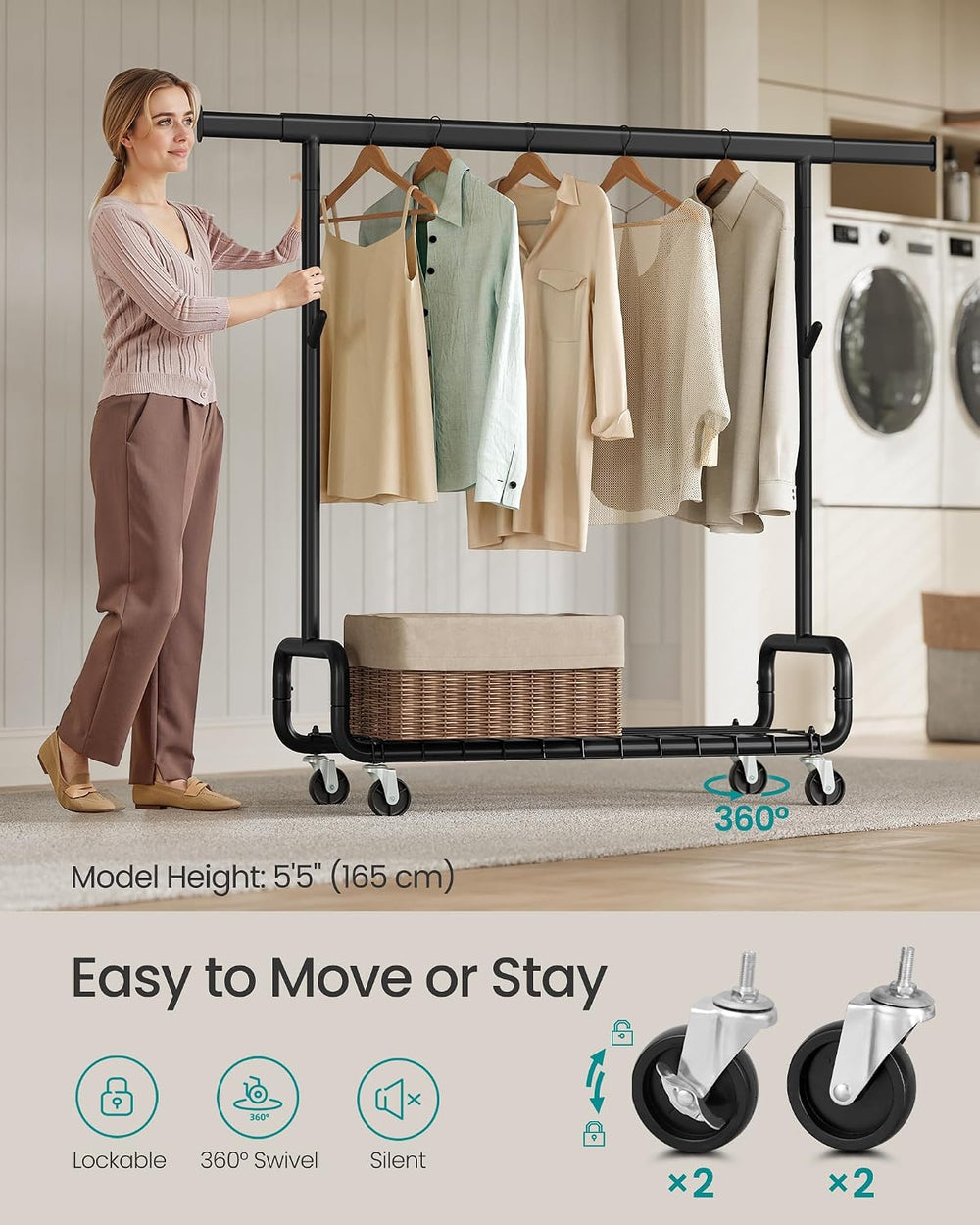 SONGMICS Clothes Rack, Heavy-Duty Rolling Garment Rack with Shelf