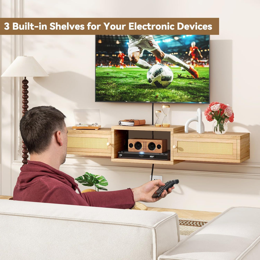 IBUYKE Modern Rattan Floating TV Stand with Doors,Wall Mounted TV Shelf for T...