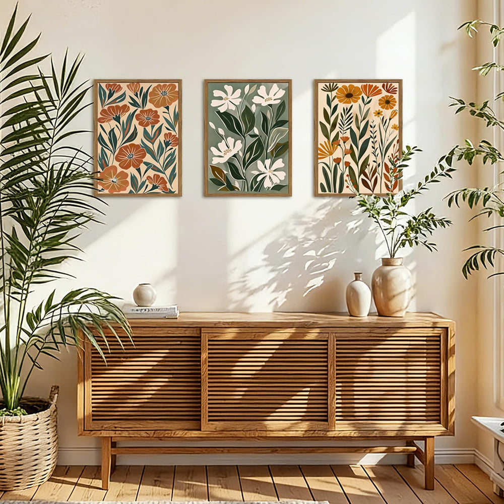 Framed Boho Floral 3 Piece Wall Art,Mid Century Modern Abstract Flower Pictur...